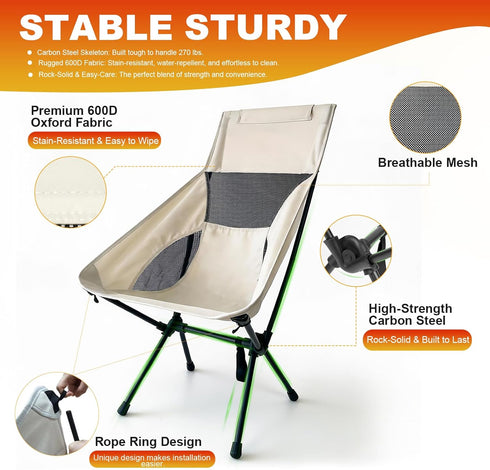 Backpacking 270 lbs, IEJ Ultralight High-Back Camping Chair - Portable Folding Chair White Carry Bag, Supports up