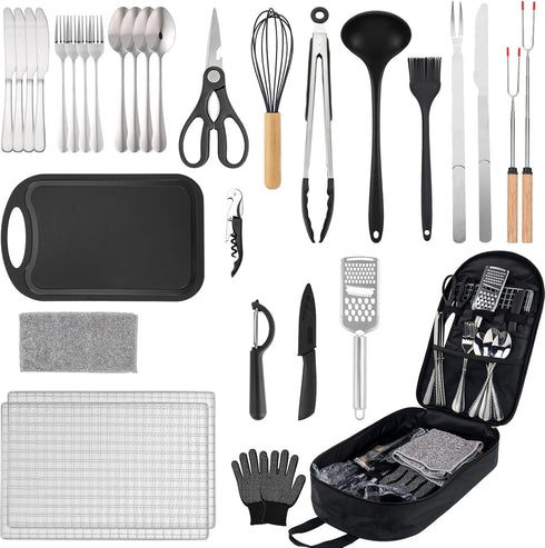 Camping Accessories Kitchen Cooking Utensils Set, Portable Outdoor Camp Cookware Set, Silicone