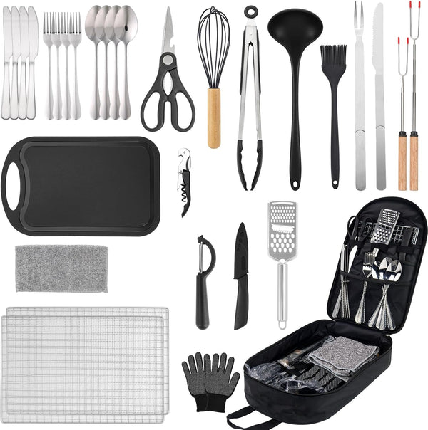 Camping Accessories Kitchen Cooking Utensils Set, Portable Outdoor Camp Cookware Set, Silicone