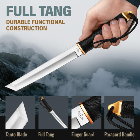 Tanto Knife with Sheath, 5.9" Fixed Full Tang Blade, Cool Tactical Knives for Hunting and Camping