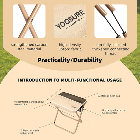 Yoosure 16" 3 Extra Tall XL Portable Chair for Adults, Collapsible Purse Chair Heavy Duty Camp Seat with Storage