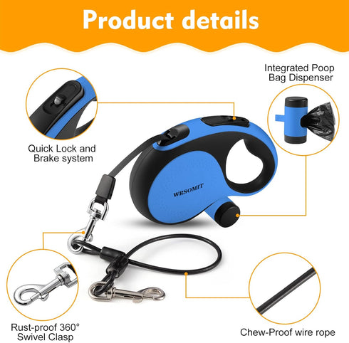 26Ft Heavy Duty Retractable Dog Leash with Chew Proof Cable for Small Medium Large Dogs up to 110lbs (Blue)