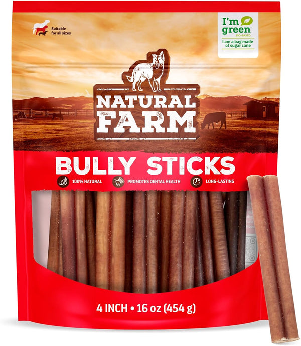 Natural Farm Odor-Free Bully Sticks (4, 16oz) All-Natural Long-Lasting Chews, 100% Beef