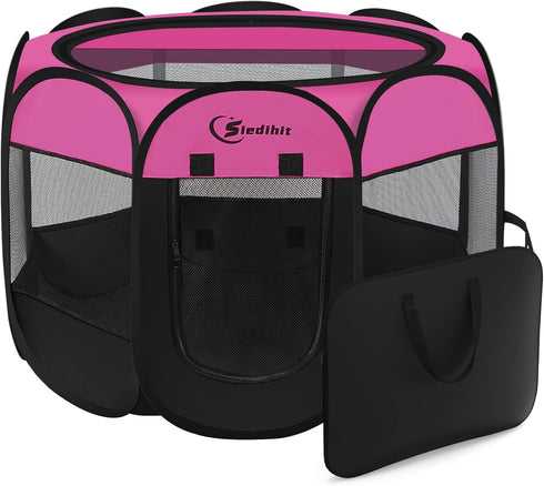 Dog Playpen, Indoor Puppy Pet Playpen for Medium Dogs, Portable Pop Up Kennel with Carrying Case, Hot Pink