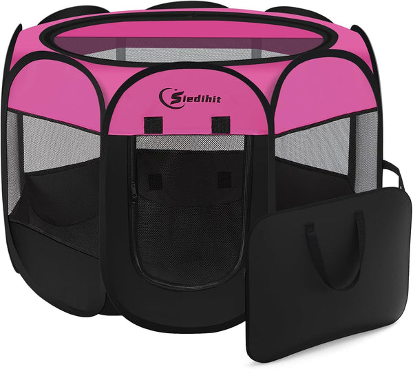 Dog Playpen, Indoor Puppy Pet Playpen for Medium Dogs, Portable Pop Up Kennel with Carrying Case, Hot Pink