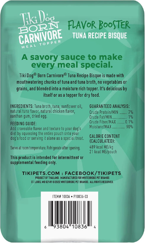 1.5 oz. 12 Count Tiki Dog Born Carnivore Flavor Booster, Tuna Recipe Bisque, Grain Free Meat Based Treats, Meal Topper