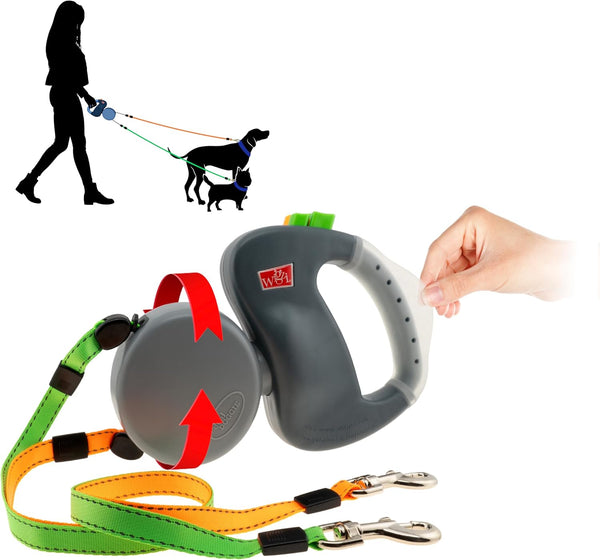 WIGZI Reflective Retractable Pet Leash for Two Dogs, 10ft Each up to 50 lbs, 360 Degree Zero Tangle, Gray