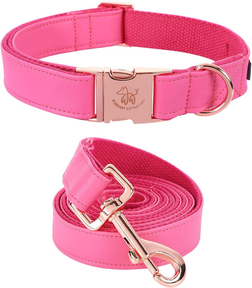 Elegant Little Tail Pink Dog Collar and Leash, Durable Adjustable Leather Collar for Small Dogs