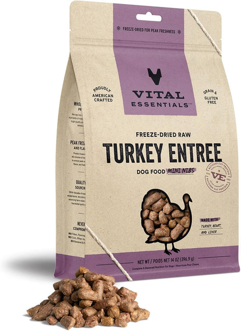 Freeze Dried Raw Dog Food by Vital Essentials, Turkey Mini Nibs Entree, 14 oz