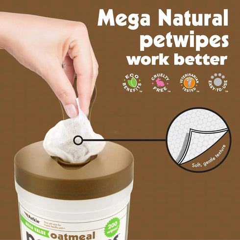 Petkin Mega PetWipes - 200 Oatmeal Wipes for Dogs and Cats, Use on Face, Paws, Ears, Body, Ideal for Home or Travel