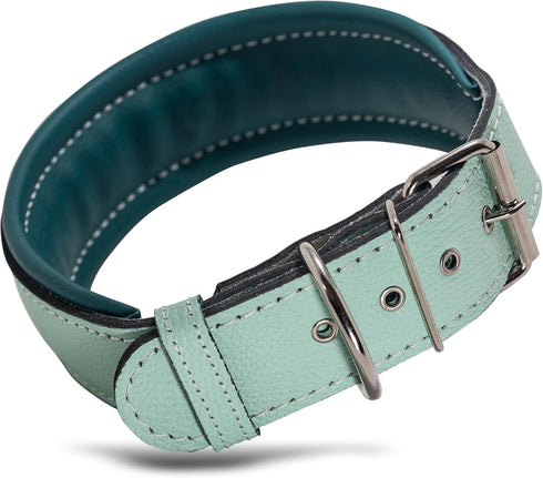 Leather Dog Collar, Large Padded Heavy Duty Collar with Dog Tag Holder, Green (Large, 2 inches wide soft padding)
