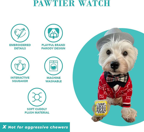 Haute Diggity Dog Pawtier Watch, Plush Designer Dog Toys with Interactive Squeaker, Machine-Washable