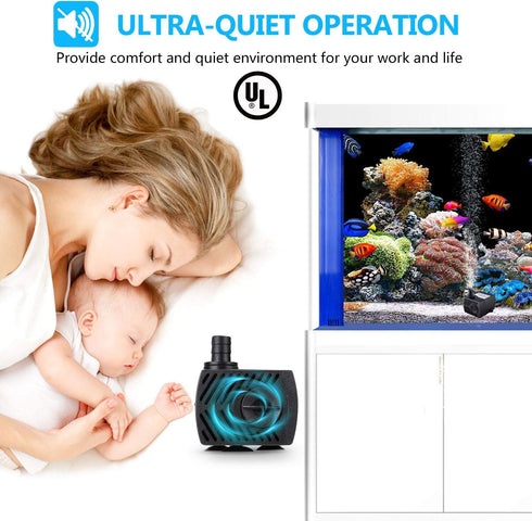 Submersible Fountain Pump 80GPH (4W 300L/H) with 4.9ft Tubing, 3 Nozzles for Aquarium, Pond, Fish Tank, Hydroponics