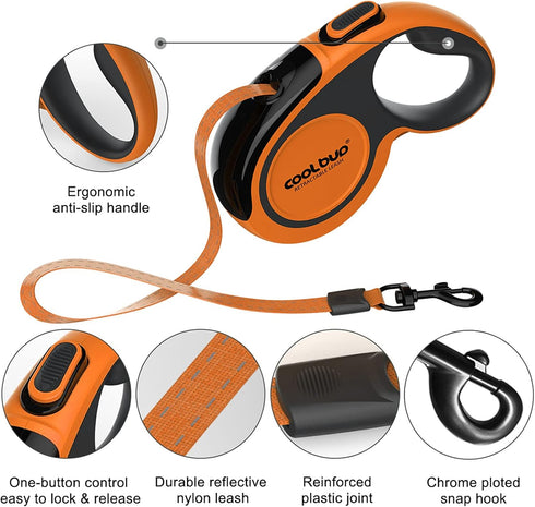 Retractable Dog Leash, 16ft for Medium Dogs up to 66 lbs, One Button Break & Lock, Heavy Duty, Tangle-Free (Orange)