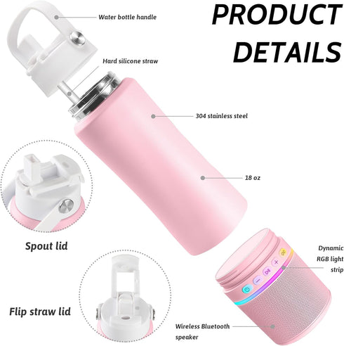 BT5.3, Water Bottle with Portable Bluetooth Speaker - Modular Insulated Water Bottles w/Handle, TWS Pairing Speaker