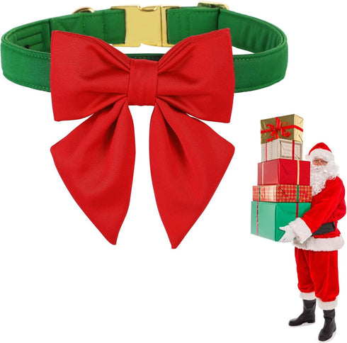 Maca Bates Christmas Red Green Dog Collar with Bow Tie - Adjustable Breakaway Collars for Solid Colors Dogs Gift for