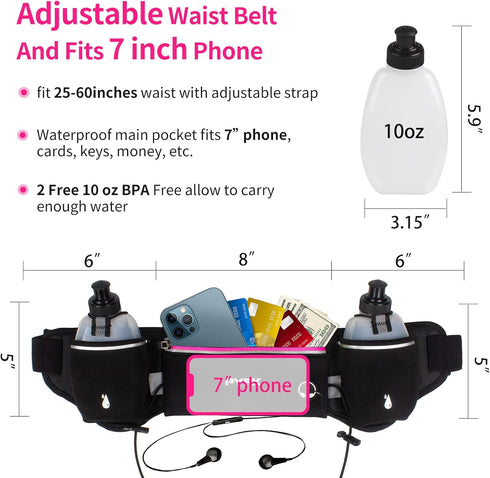 PYFK Upgraded Running Belt with Water Bottles, Hydration Pouch for Men and Women, Fits 7 inches Phones, Fanny Pack for
