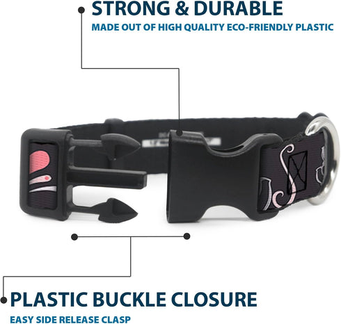 Buckle-Down Plastic Clip Collar - Sugar Skulls Gray/Pink, 1" Wide, Fits 11-17" Neck, Medium