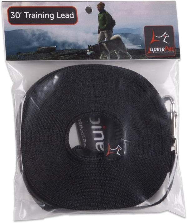 LupinePet Basics 1/2" Black Extra-Long Training Lead/Leash for Small Pets, 30-foot