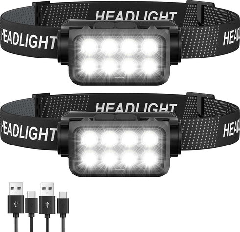 Rechargeable Headlamp Flashlight 2-Pack, 8 LED 2500 Lumen Ultra-Light Bright Headlight with