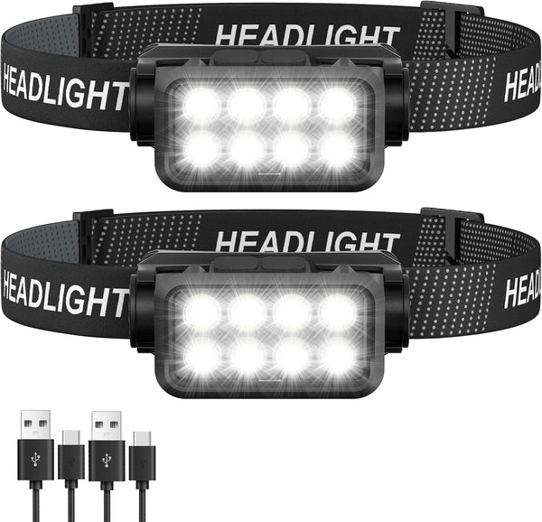 Rechargeable Headlamp Flashlight 2-Pack, 8 LED 2500 Lumen Ultra-Light Bright Headlight with