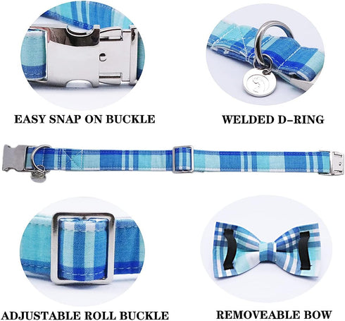Summer Cotton Plaid Dog Collar with Bow Tie - Comfortable Cute Pet Collar for Small, Medium, and Large Dogs