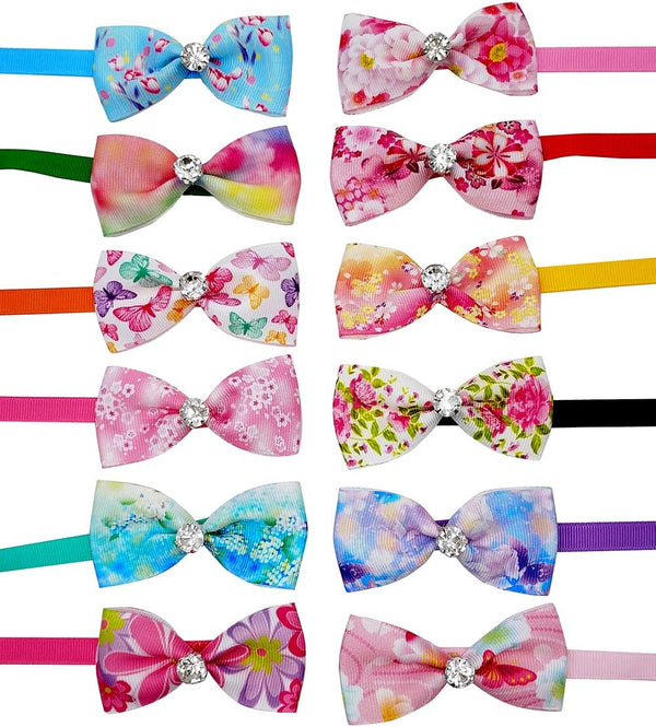 12pcs Pet Bowties Dog Bow Ties with Adjustable Neckties, Glittery Rhinestone Collar for Small Medium Pets