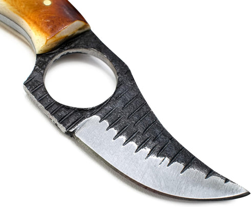 Titan International Skinning Knife - Small Fixed Blade Hunting Knife with Burnt Bone Handle & Leather Sheath