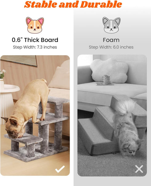 Pawque Dog Stairs for Small Dogs - Stable Pet Steps with High-Strength Boards, 3 Steps, Grey