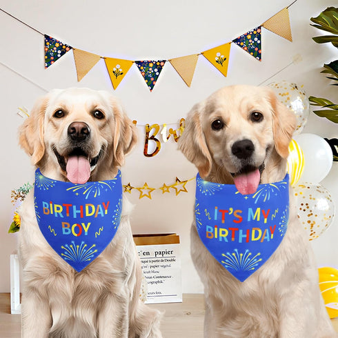 Agroon 1PCS, Blue Dog Birthday Bandana Boy XLarge Durable Triangle Reversible Scarf Bibs Handkerchief for Puppy Pet