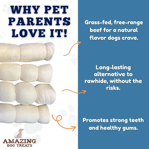 10" 3 Amazing Dog Treats - Beef Cheek Rolls (Mega Thick - Pcs) - Safe Rawhide Alternative Dog Chew - Great for Power