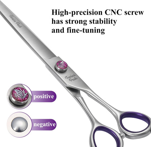 Fenice Peak 7'' Straight Dog Grooming Scissors - Purple Finger Rings, 440C Stainless Steel Pet Trimming Shears