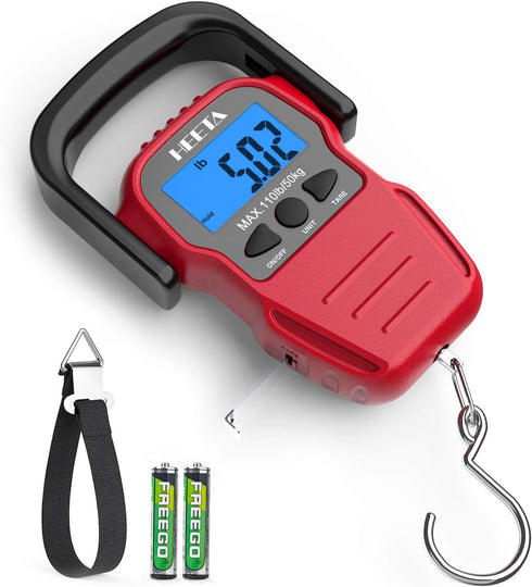 HEETA Fish Scale with Backlit LCD Display, Up to 110lb/50kg Digital Portable Hanging Weight Scale with Hook & Tape