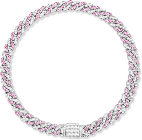 Silver Cuban Dog Chain Collars, Metal Choke Collar with Secure Buckle, Pet Crystal Necklace for Small Medium Large Dogs