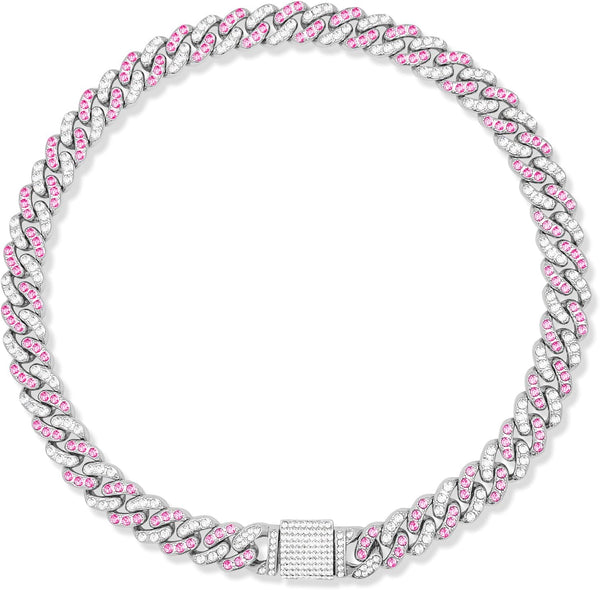 Silver Cuban Dog Chain Collars, Metal Choke Collar with Secure Buckle, Pet Crystal Necklace for Small Medium Large Dogs