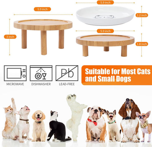 Shallow Elevated Cat Bowls, 5.9 Inch Wide Raised Ceramic Dishes with Bamboo Stand, Whisker Friendly Feeding Station,