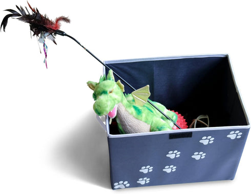 Large Dog Toys Storage Box - 16" x 12" Pet Toy Storage Basket with Lid, Collapsible Canvas Bin (Blue)