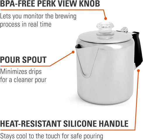 Backpacking, GSI Outdoors Percolator Coffee Pot I Glacier Stainless Steel with Silicone Handle for Camping, Travel, RV