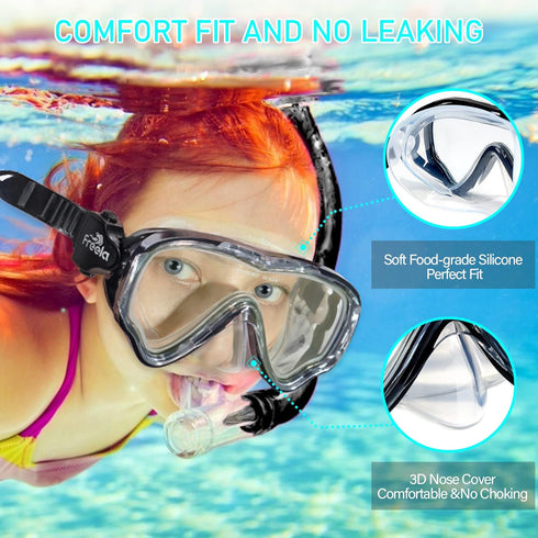 Freela Kids Snorkel Mask for Ages 6-14, No Leak Anti Fog Goggles with Nose Cover for Swimming