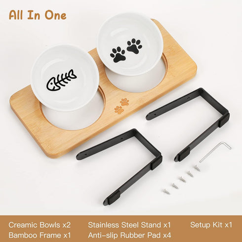 Ceramic Elevated Cat Bowls with Bamboo Stand, 10° Tilted Raised Dishes for Food and Water, Anti Vomiting Pet Bowl Set