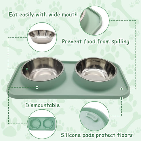 BNOSDM Double Dog Food Bowls with Non-Spill Plastic Mat, Pet Feeder Bowl Set for Small Medium Dogs
