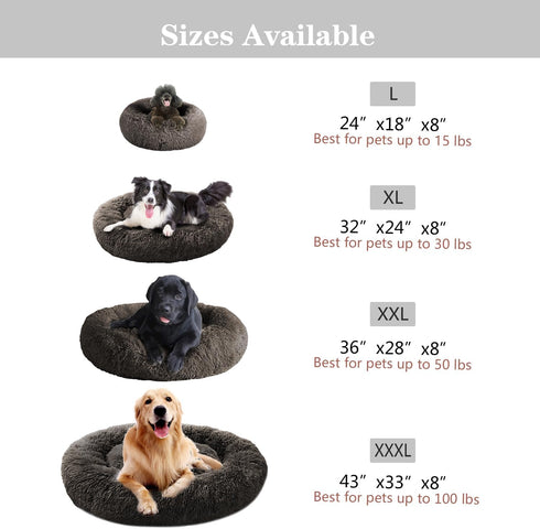 MFOX Calming Dog Bed for Medium and Large Dogs, Faux Fur Donut Cuddler, Sizes L/XL/XXL/XXXL, Up to 100 lbs