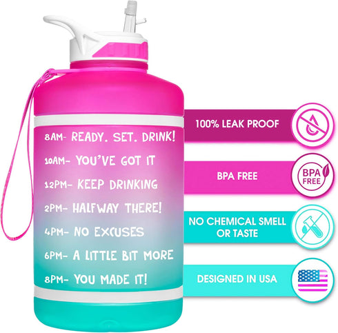 NatureWorks HydroMATE Half Gallon Water Bottle, 64 oz with Time Markers, BPA Free, Reusable Leak Proof Jug