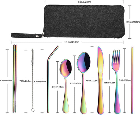 VANDBAO Camping Utensils Set, Portable Travel Cutlery with Case, Reusable Stainless Steel Flatware, Rainbow Set