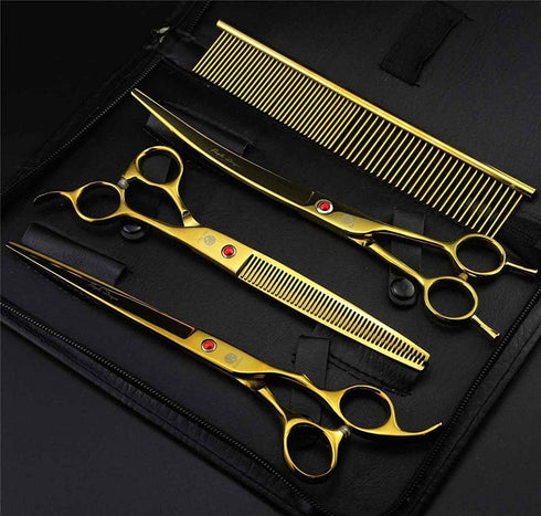 Purple Dragon 8.0" Titanium Multicolor Pet Grooming Scissors Set - Straight, Thinning, Curved with Bag