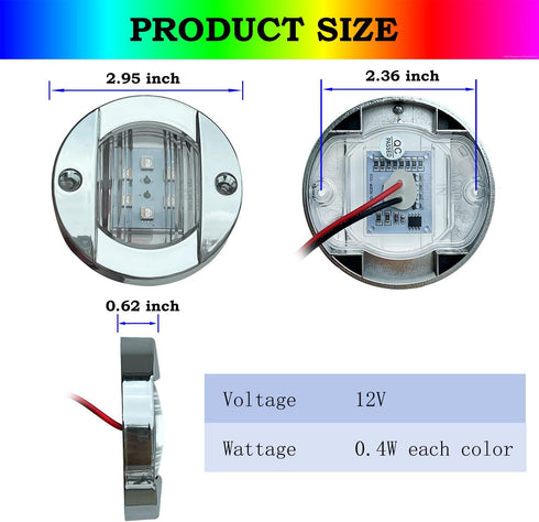 4Pcs 3 12V Marine Boat Interior Lights RGBW, Round Waterproof Boat Deck Courtesy Light, Stern Transom Anchor Navigation
