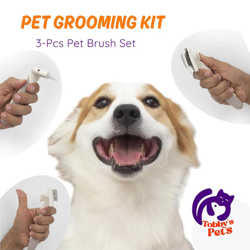 Tobby's Pet's 3-Piece Set Tobbys Pets Pet Grooming Kit Dog & Cat Brush with Dematting Tool, Deshedding Brush