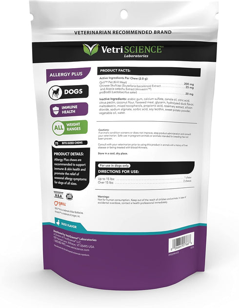 VetriScience Allergy Plus Immune Support Supplement for Dogs, Duck Flavor, 75 Chews for Itchy Skin Relief