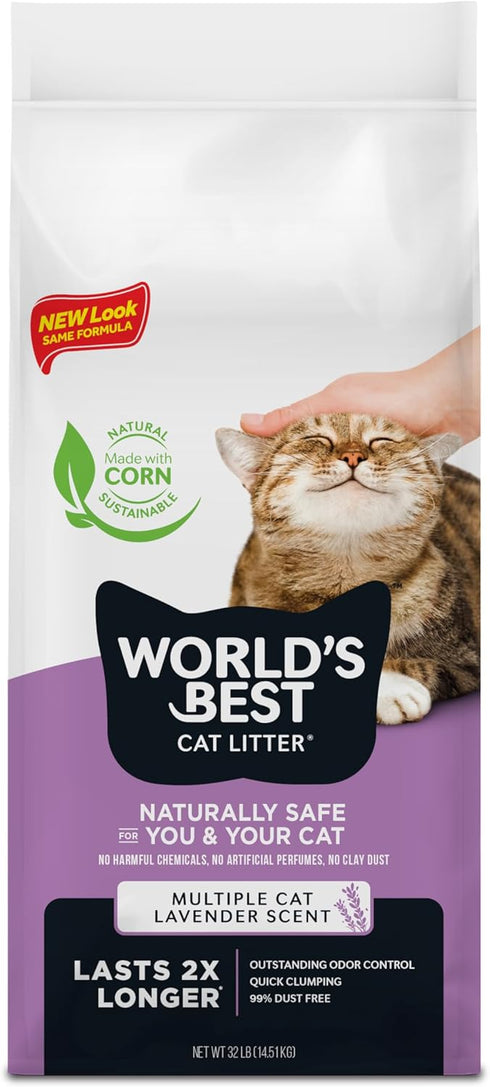 WORLD'S BEST CAT LITTER Multiple Cat Lavender Scented, 32-Pounds, Quick Clumping, Flushable, 99% Dust Free