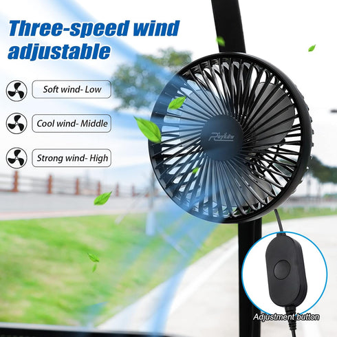 Roykaw Portable Golf Cart Fan, USB Input, 3-Speed Settings, Compatible with EZGO Club Car Yamaha